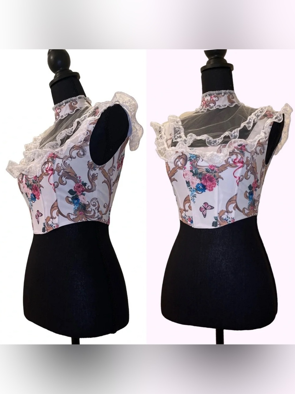 Sugar Thrillz baroque floral corset top w/a sheer ruffled collar overlay